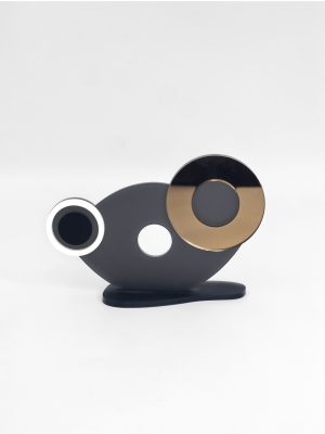 Επιτραπέζιο Μαύρο ακρυλικό γούρι με δύο κυκλικούς δίσκους-μάτια, μπρονζέ και λευκό με βάση