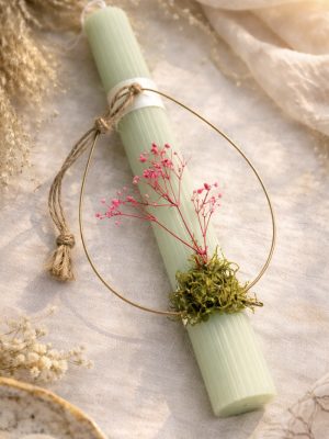 Πράσινη λαμπάδα μηλίτης με χρυσό οβάλ στεφάνι, αποξηραμένα ροζ άνθη, moss και σπάγκο.
