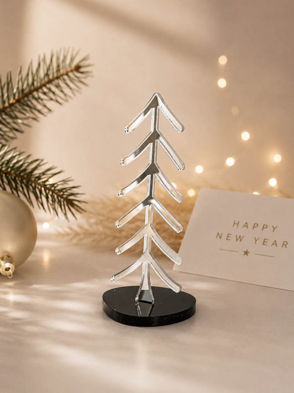 Γούρι Zen Needle Tree 03 με ασημί ανοιχτόγραμμο δέντρο σε μαύρη βάση — ζεστή διακοσμητική λήψη