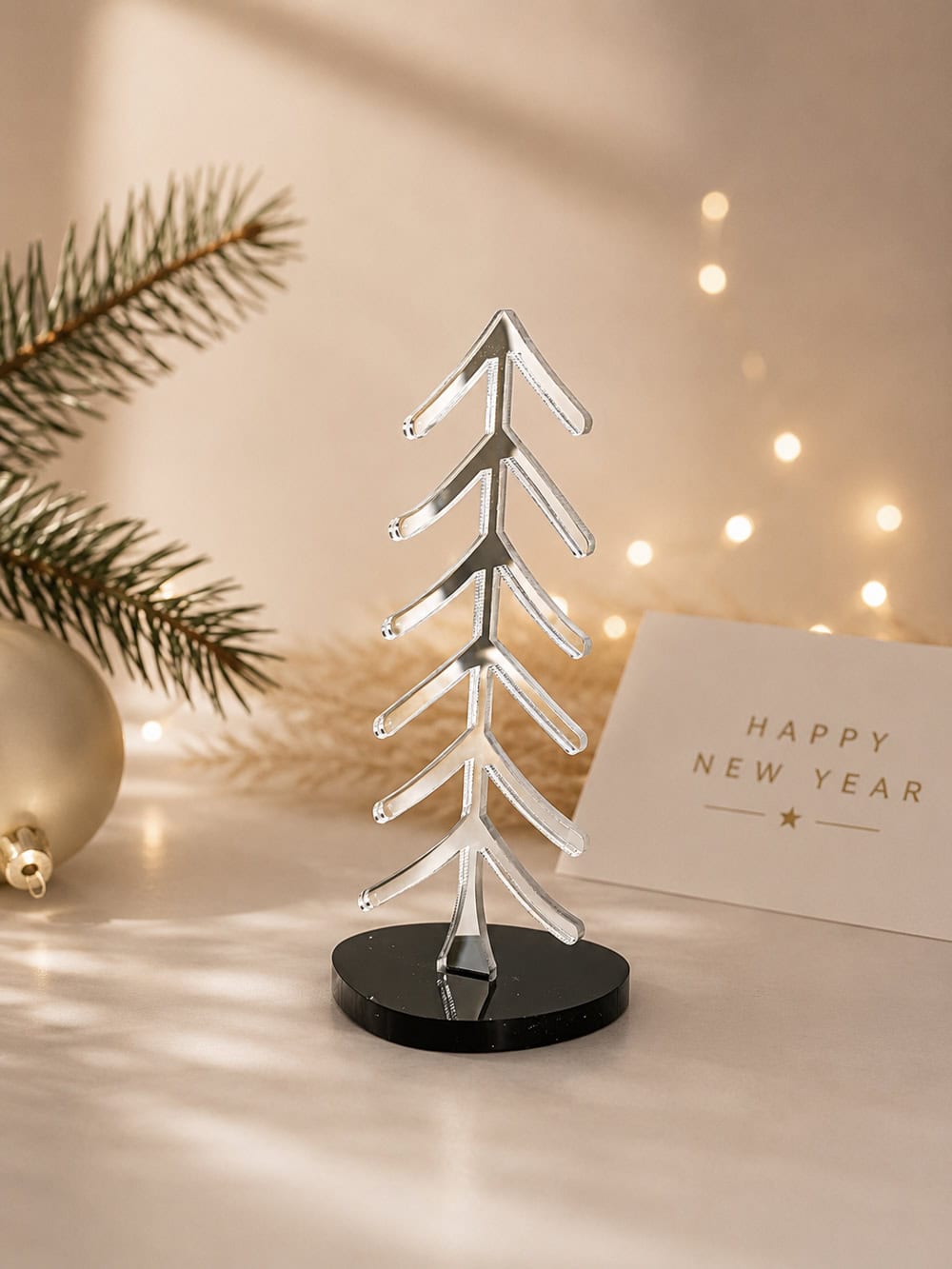 Γούρι Zen Needle Tree 03 με ασημί ανοιχτόγραμμο δέντρο σε μαύρη βάση — ζεστή διακοσμητική λήψη