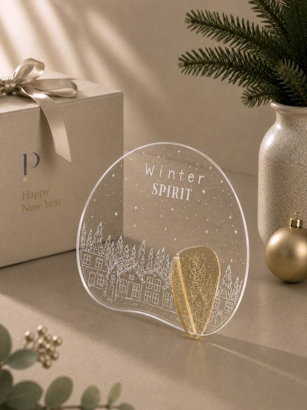 Γούρι Aurora Winter Spirit με γραμμική χειμερινή πόλη και καθαρή λευκή εικονογράφηση.