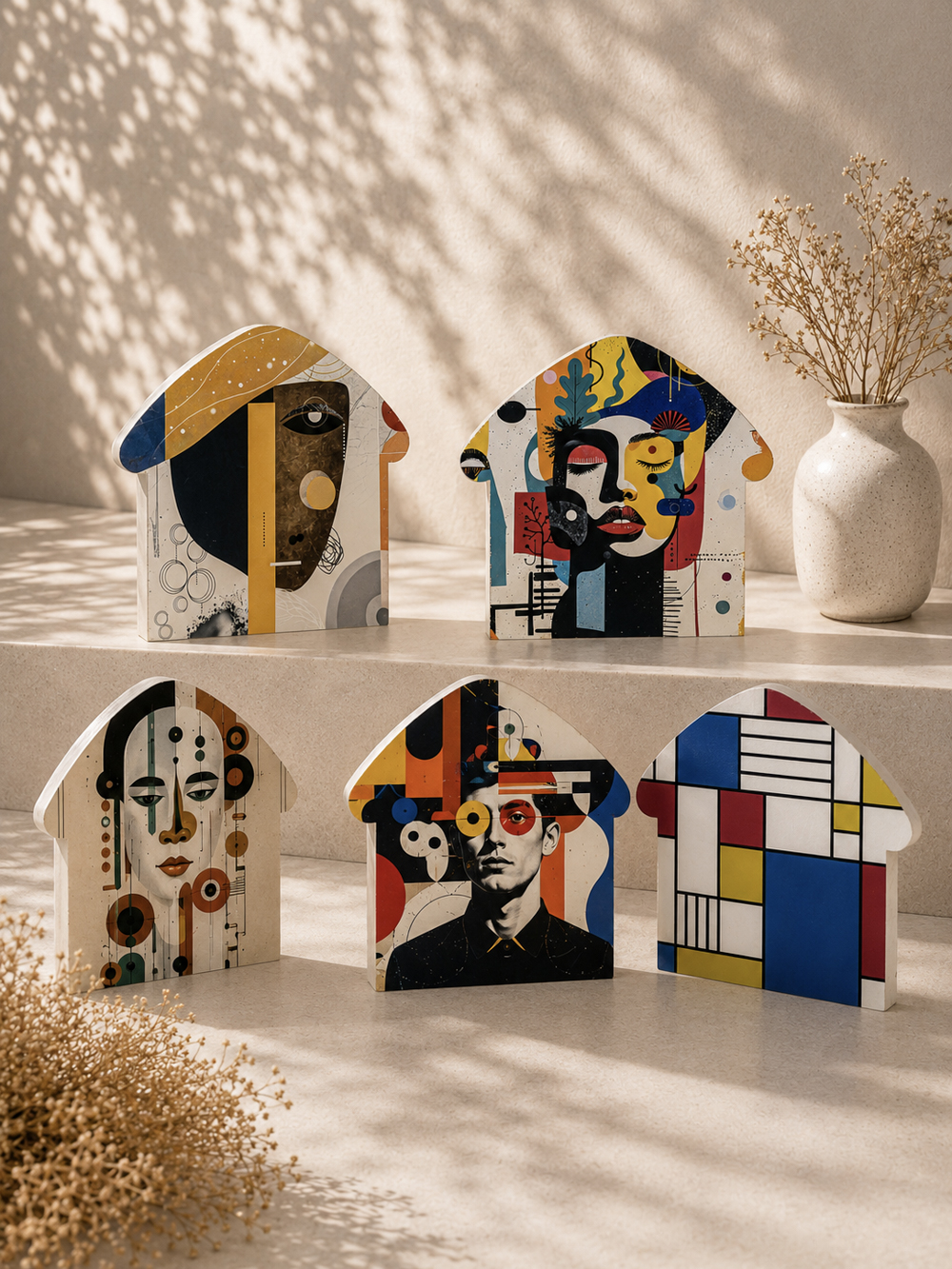 Συλλογή Art Echoes: 5 διαθέσιμα μοτίβα σε σχήμα σπιτιού με αφαιρετικά και γεωμετρικά σχέδια.