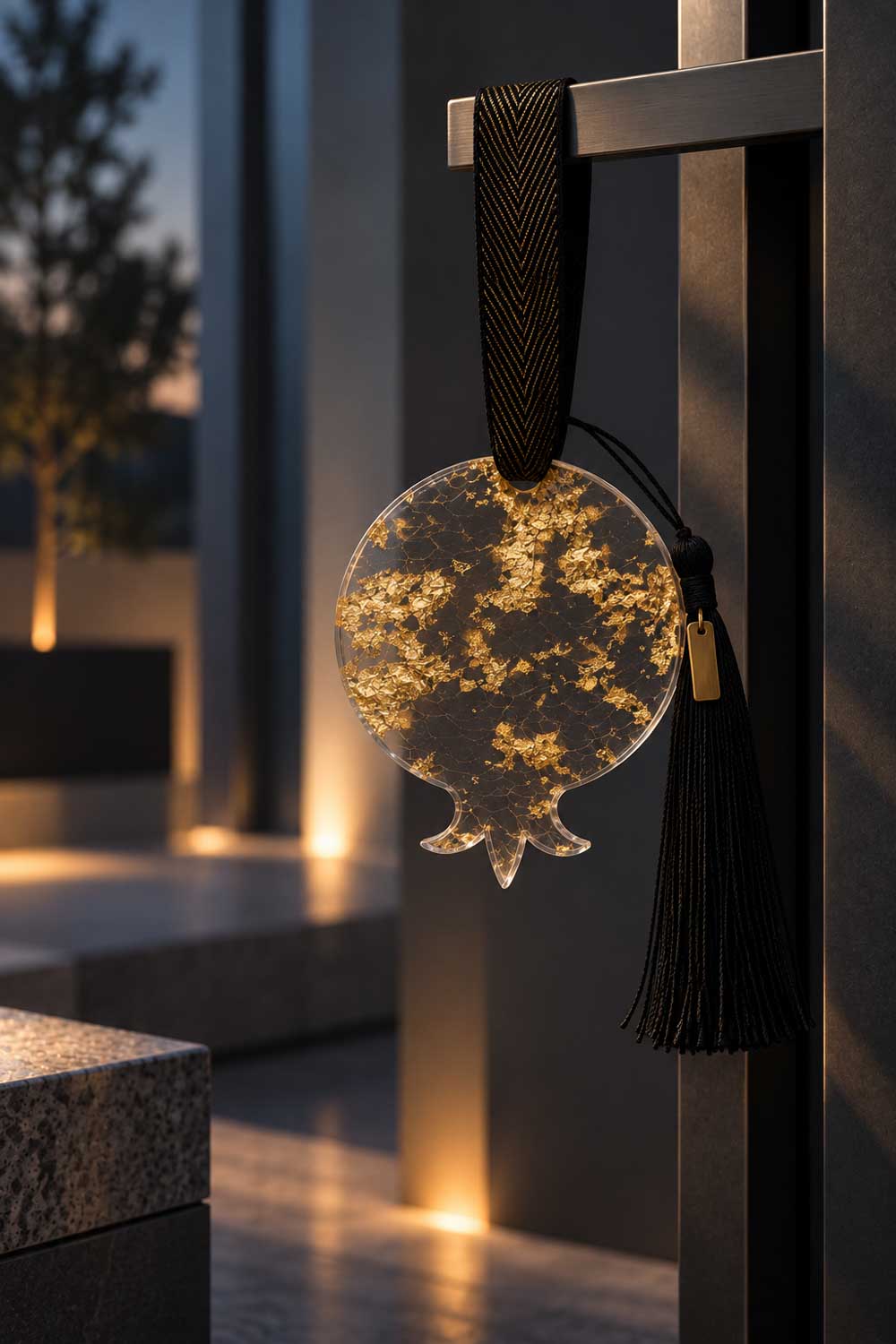 Κρεμαστό γούρι Aurelia Core Ρόδι από διάφανο plexiglass με φύλλο χρυσού και μαύρη φούντα.