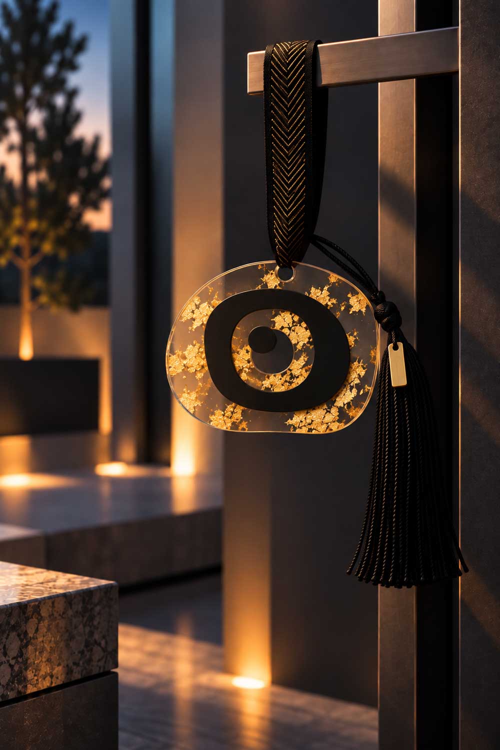 Κρεμαστό γούρι Aurelia Core Μάτι από διάφανο plexiglass με φύλλο χρυσού και μαύρη φούντα.