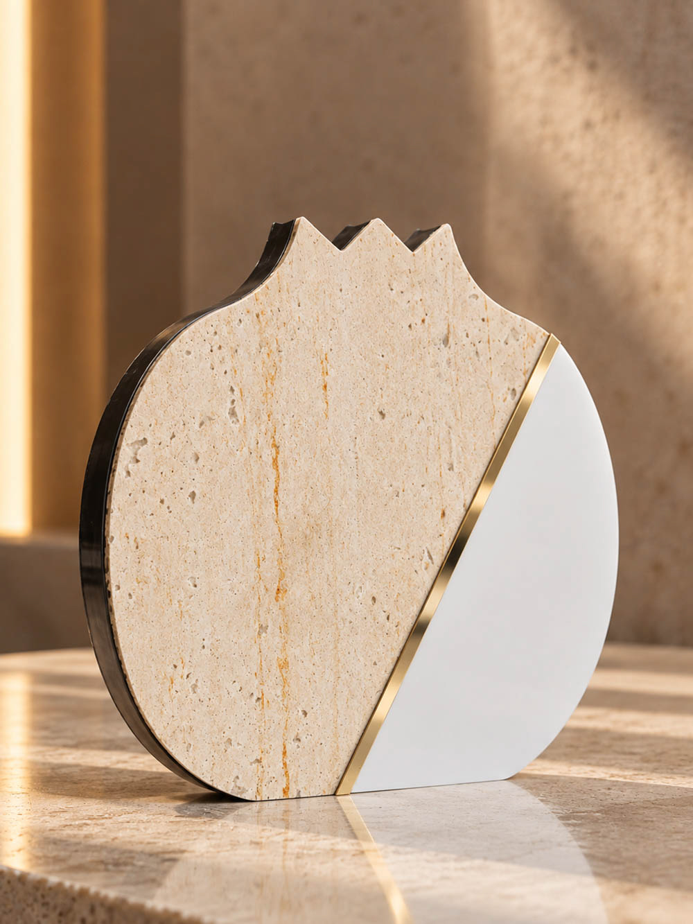 Γούρι Ρόδι Origin Travertine από τραβερτίνη και λευκό plexiglass με χρυσή λεπτομέρεια.