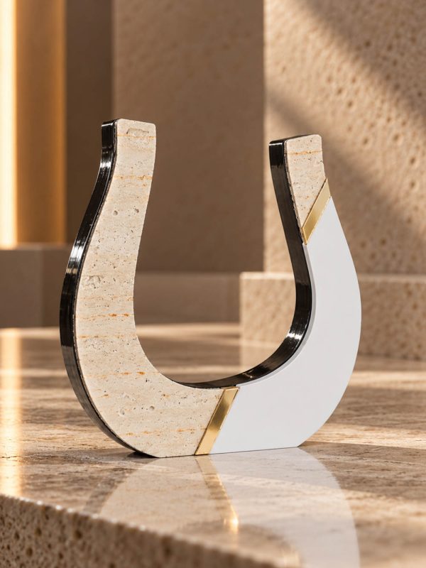 Γούρι Πέταλο Origin Travertine από τραβερτίνη και λευκό plexiglass με χρυσή λεπτομέρεια.