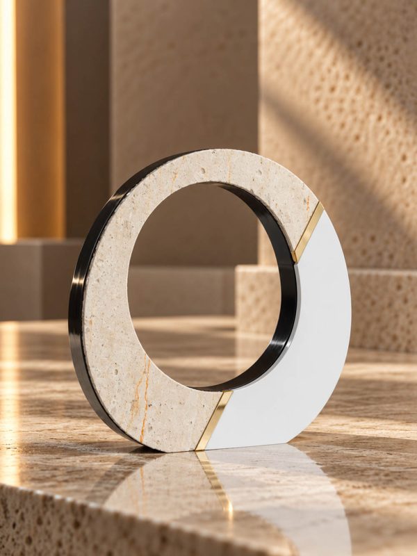 Γούρι Μάτι Origin Travertine από τραβερτίνη και λευκό plexiglass με χρυσή λεπτομέρεια.