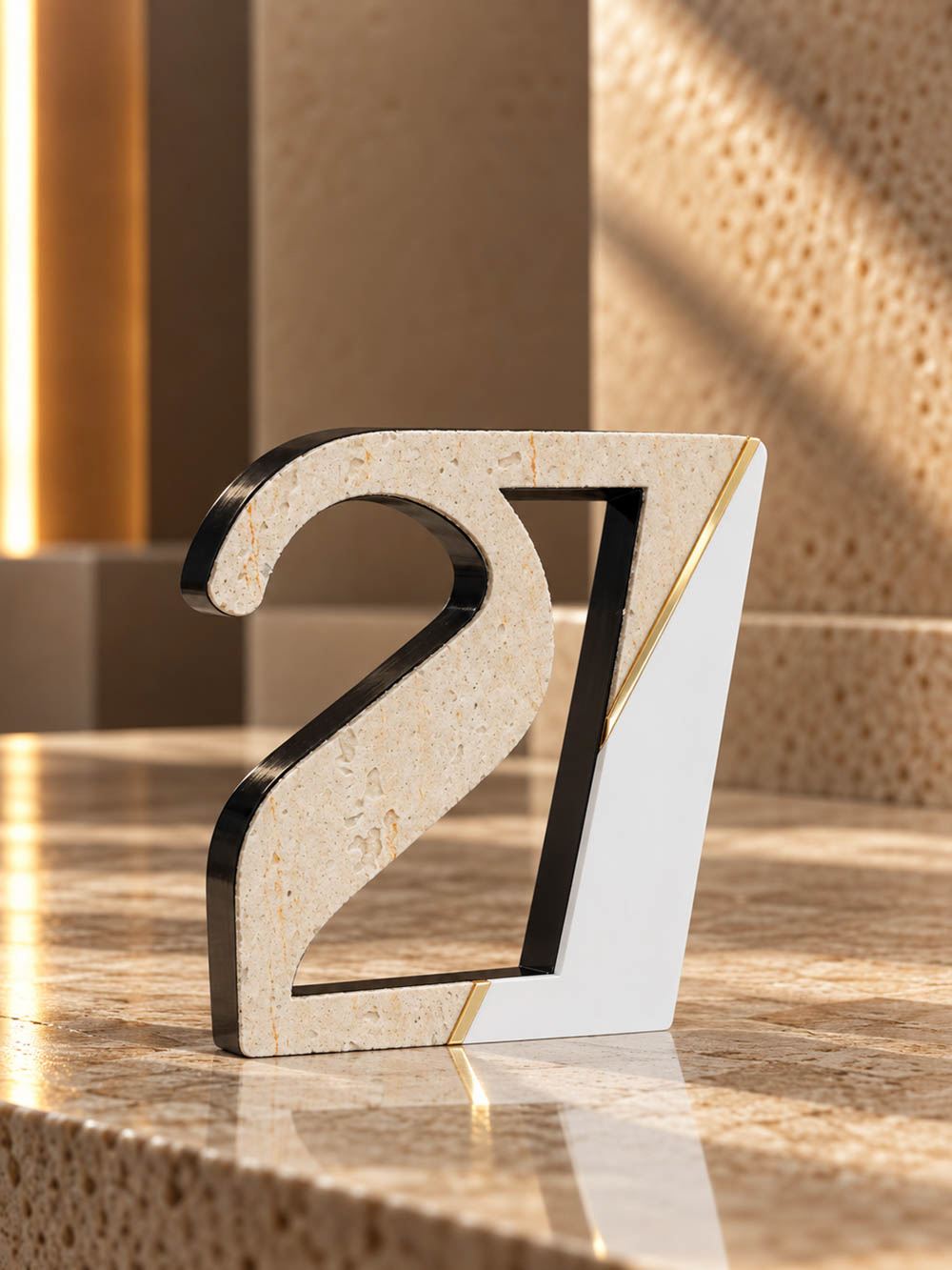 Γούρι 27 Origin Travertine από τραβερτίνη και λευκό plexiglass με χρυσή λεπτομέρεια.