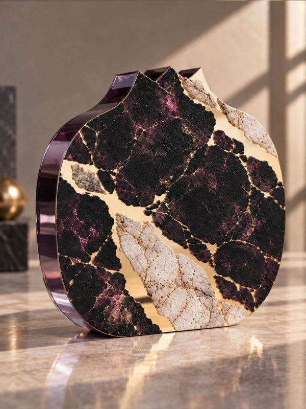 Γούρι ρόδι Vein Signature Plum από plexiglass 20 mm με ανάγλυφο μοτίβο πάνω σε χρυσό καθρέπτη.