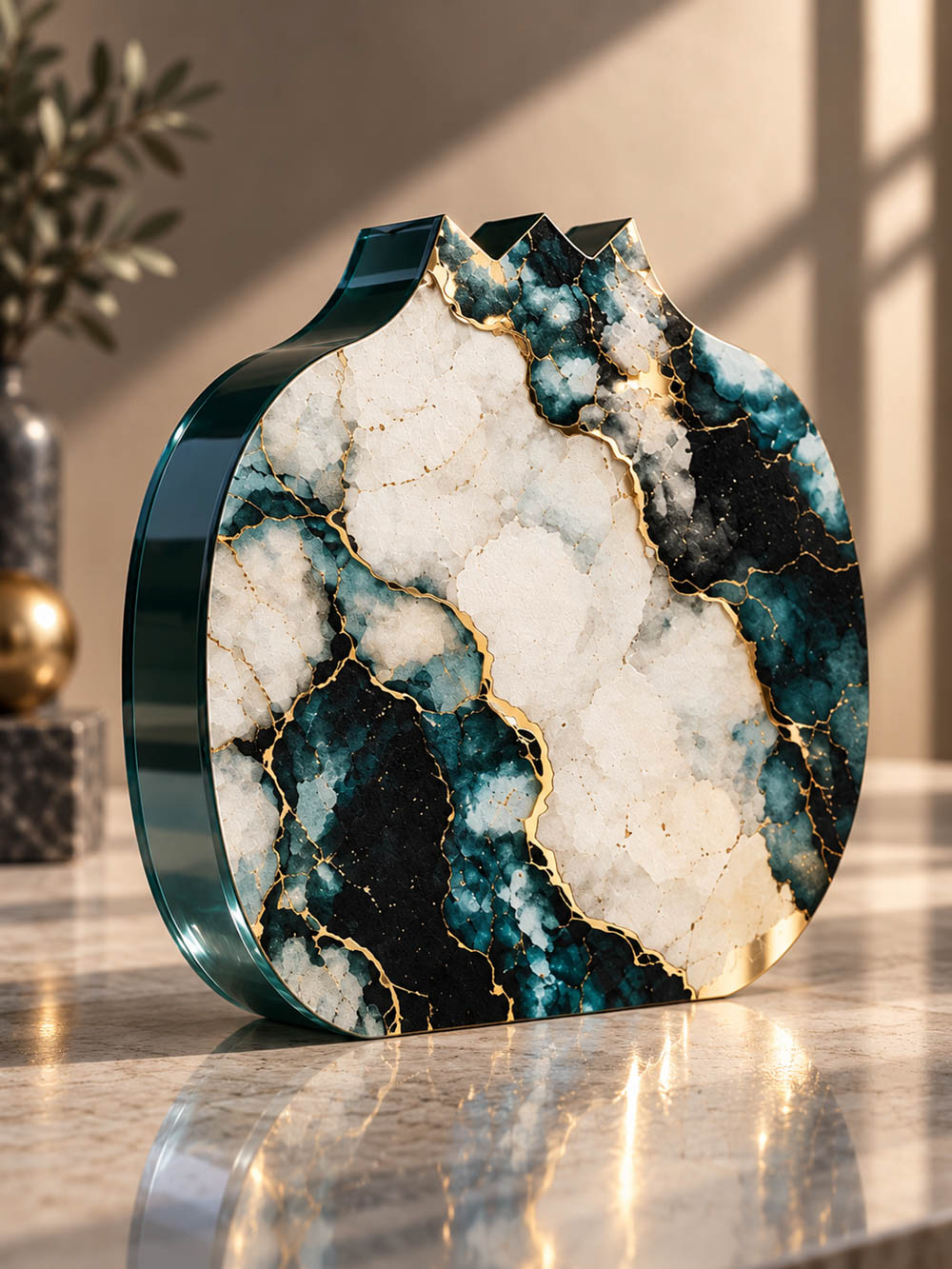 Γούρι ρόδι Vein Signature Emerald από plexiglass 20 mm με ανάγλυφο μοτίβο πάνω σε χρυσό καθρέπτη.