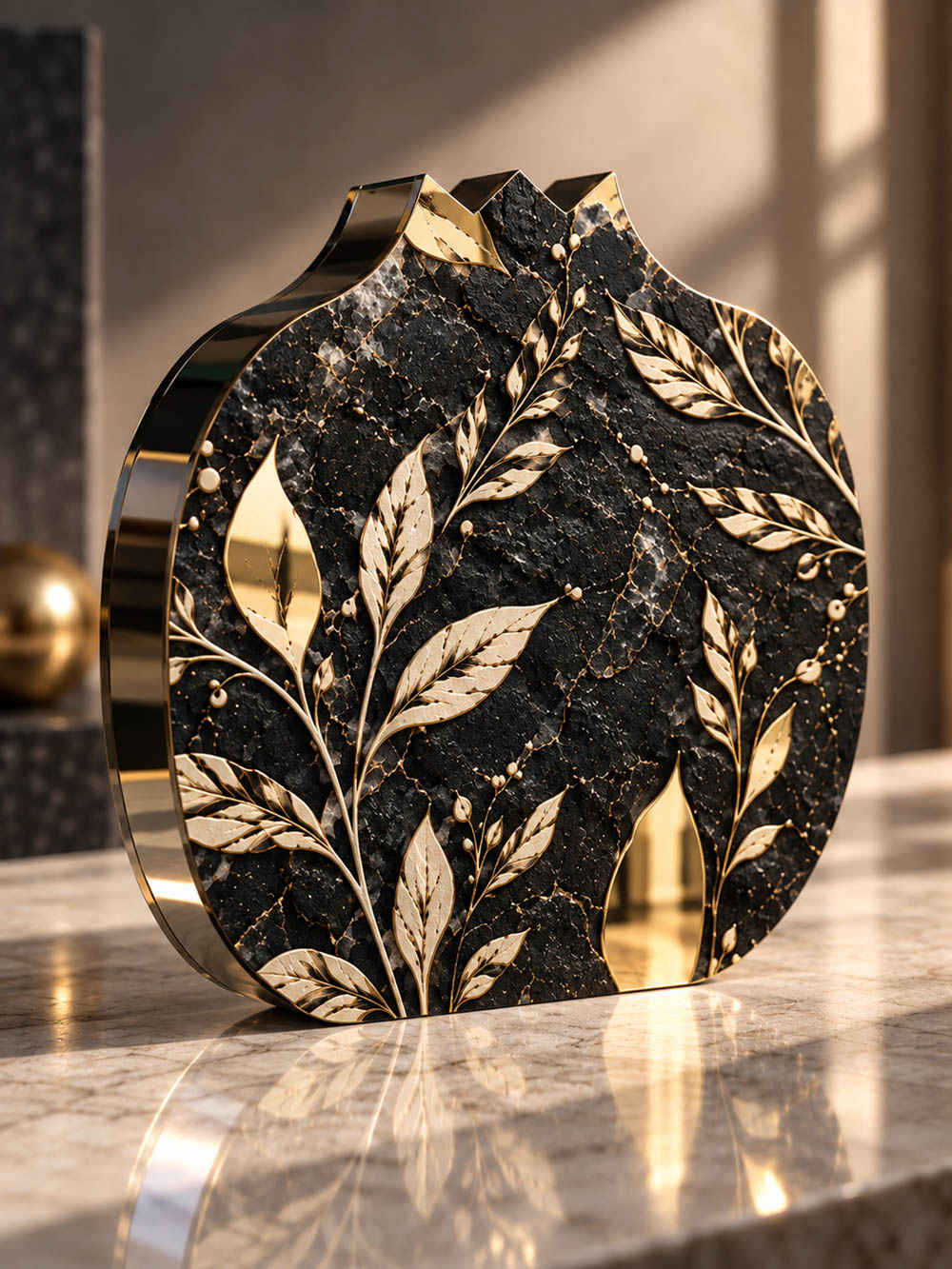 Γούρι ρόδι Vein Signature Flora από plexiglass 20 mm με ανάγλυφο μοτίβο πάνω σε χρυσό καθρέπτη.