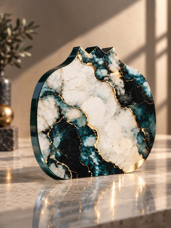 Γούρι ρόδι Vein Slim Emerald από plexiglass 8 mm με ανάγλυφο μοτίβο πάνω σε χρυσό καθρέπτη.