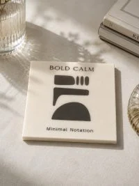 Κρεμ σουβέρ Bold Calm με μαύρες αφηρημένες γραμμές, ημικύκλιο και την επιγραφή Minimal Notation.