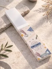 Λευκή λαμπάδα 25x4.5 με nude εκτύπωση | σουρεαλ γραμμικά πρόσωπα, αστέρια και αφαιρετικά σχήματα.